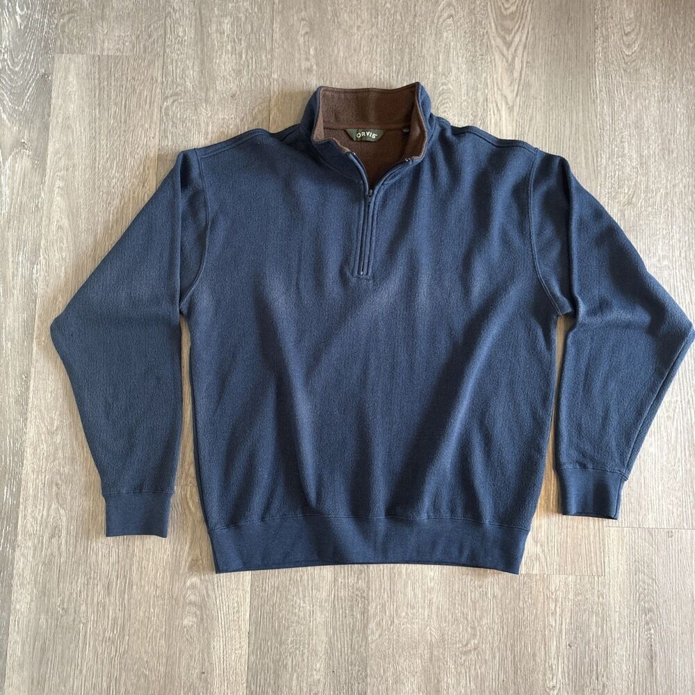 Orvis Sweater Mens Large Blue Quarter Zip Casual Outdoors Sweatshirt